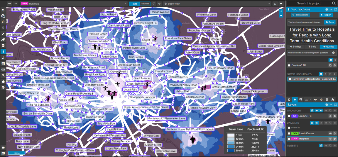 Isochrones with transport network