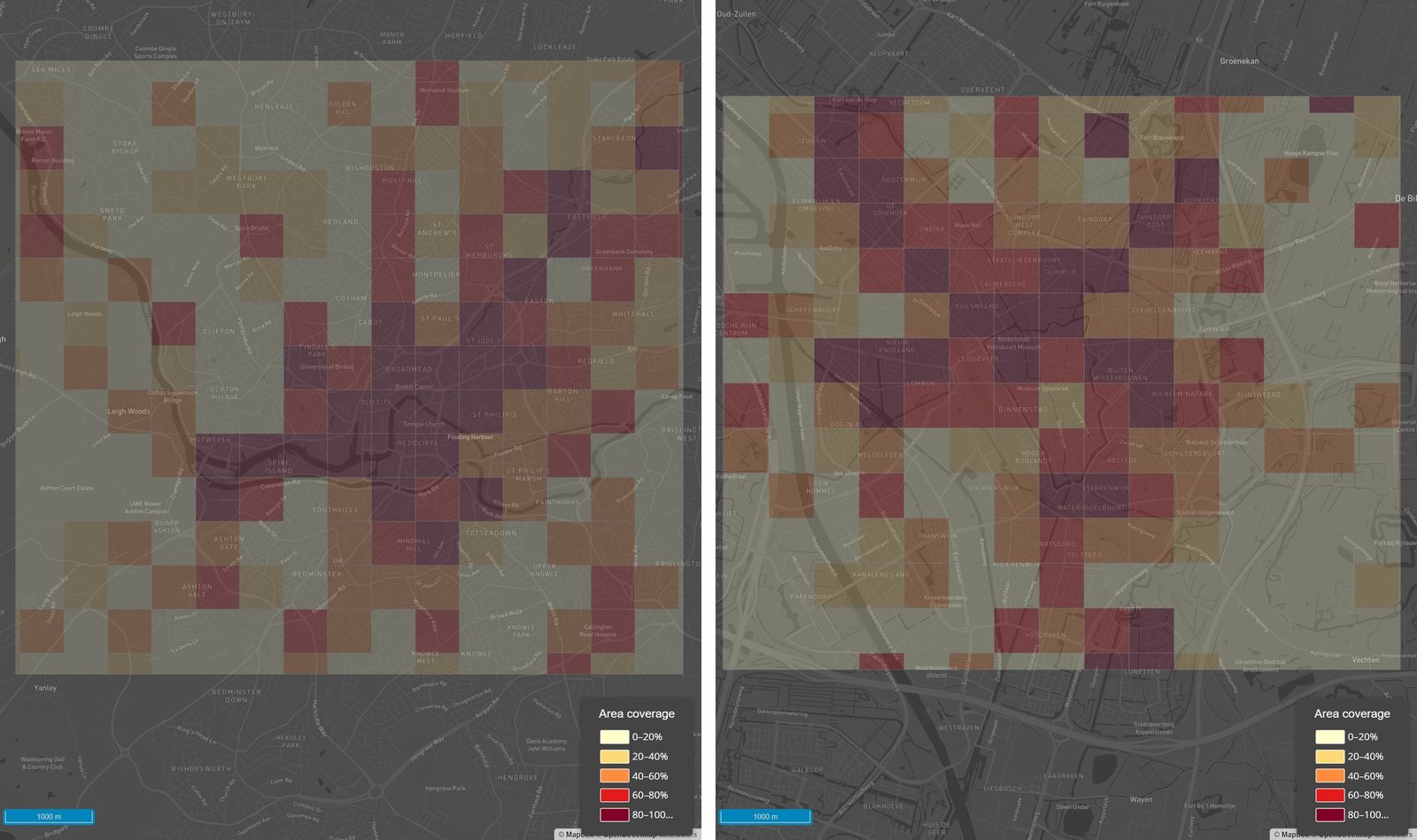Mesh Density grid maps of Bristol and Utrecht showing cycle infrastructure area coverage by 500m cell