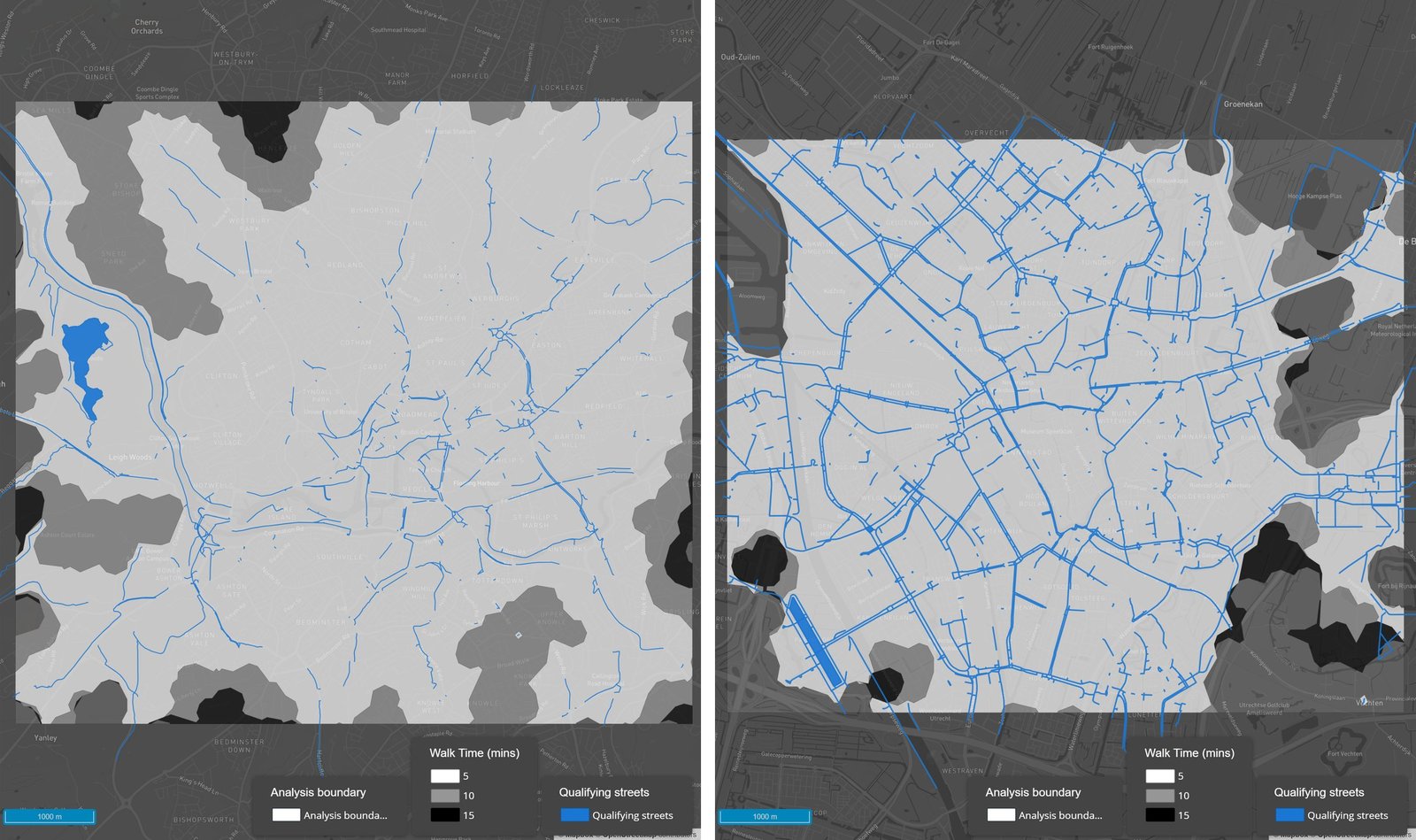 Street Catchments maps of Bristol and Utrecht showing 5, 10 and 15 minute walk times to cycle infrastructure
