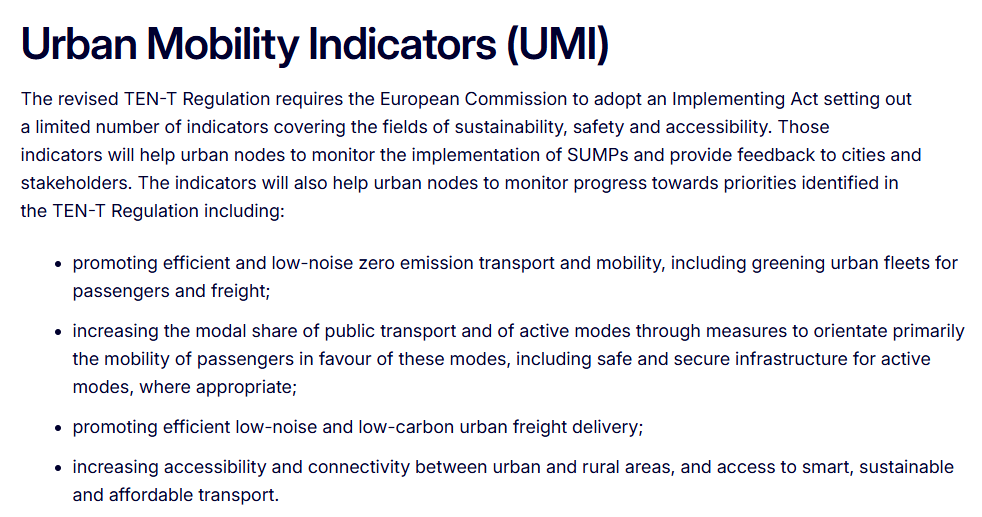 European Commission summary of the Urban Mobility Indicators under the revised TEN-T Regulation