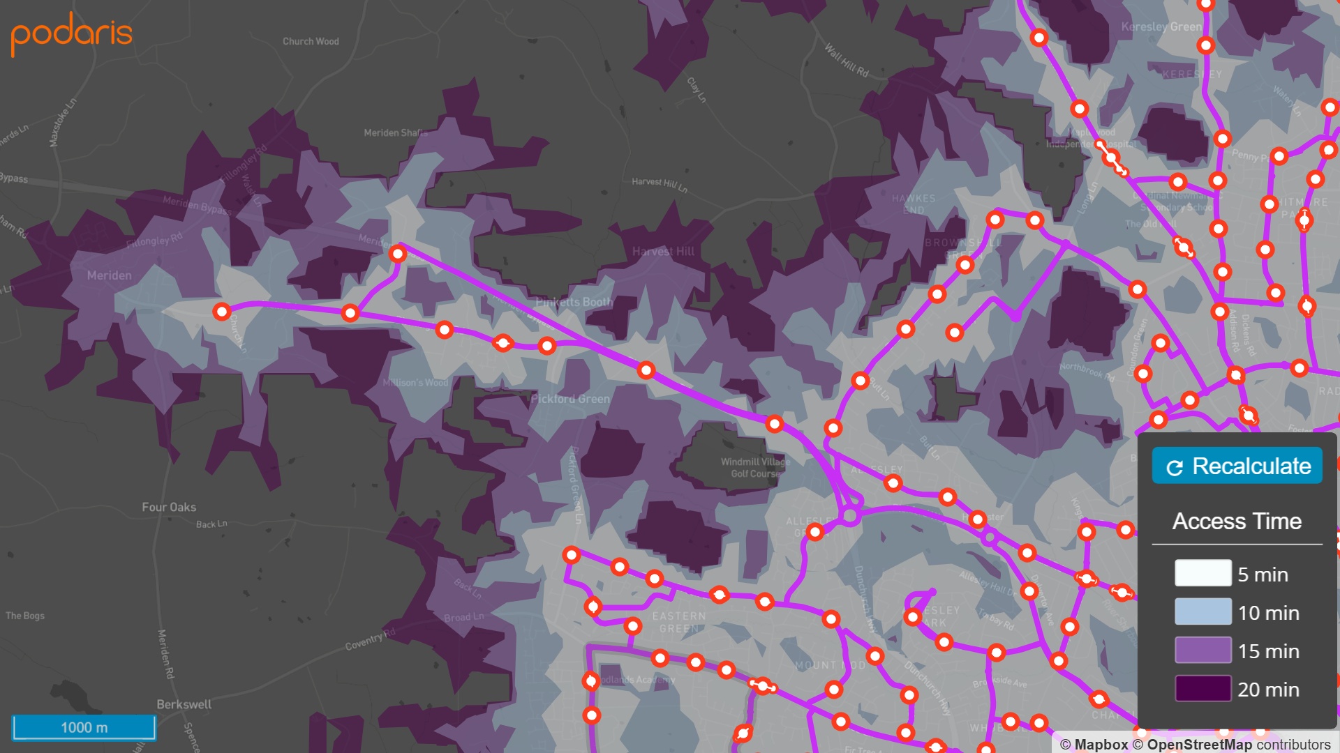 Bus stop walking accessibility visualised in Podaris