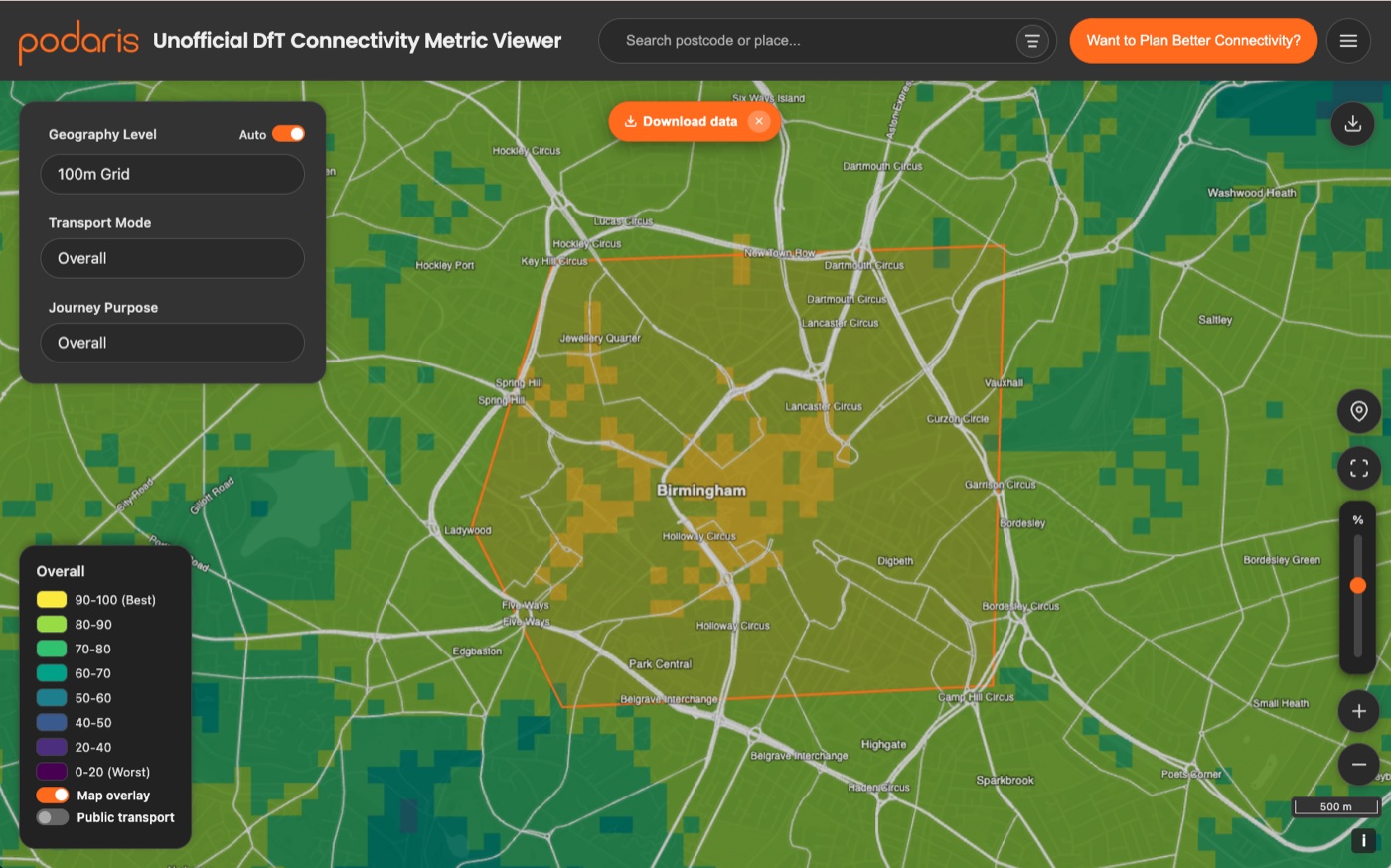A polygon drawn around central Birmingham on the connectivity map, with a Download data button ready