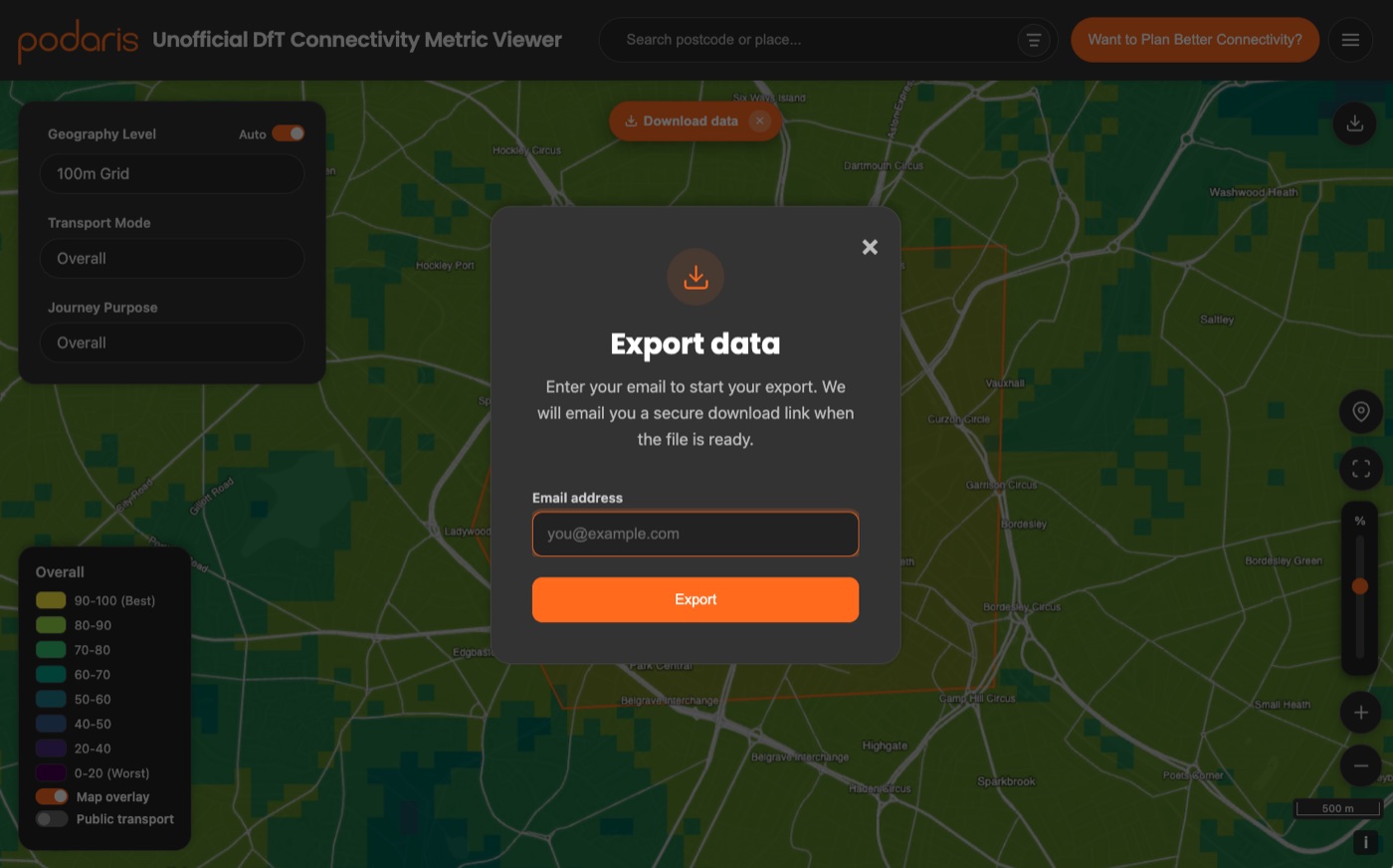 The Export data modal asking for an email address, with the message that a secure download link will be emailed when the file is ready