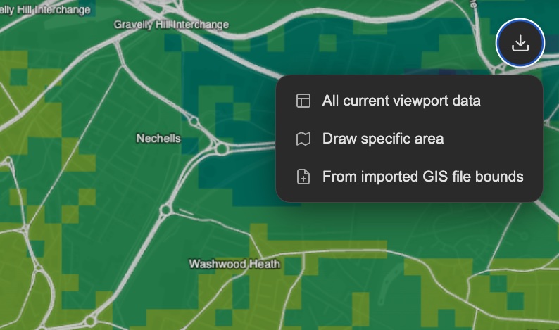The Export menu open on the map, showing three options: all current viewport data, draw specific area, and from imported GIS file bounds