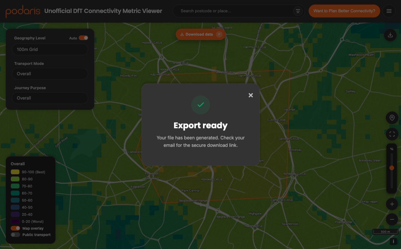 The Export ready confirmation screen: your file has been generated, check your email for the secure download link
