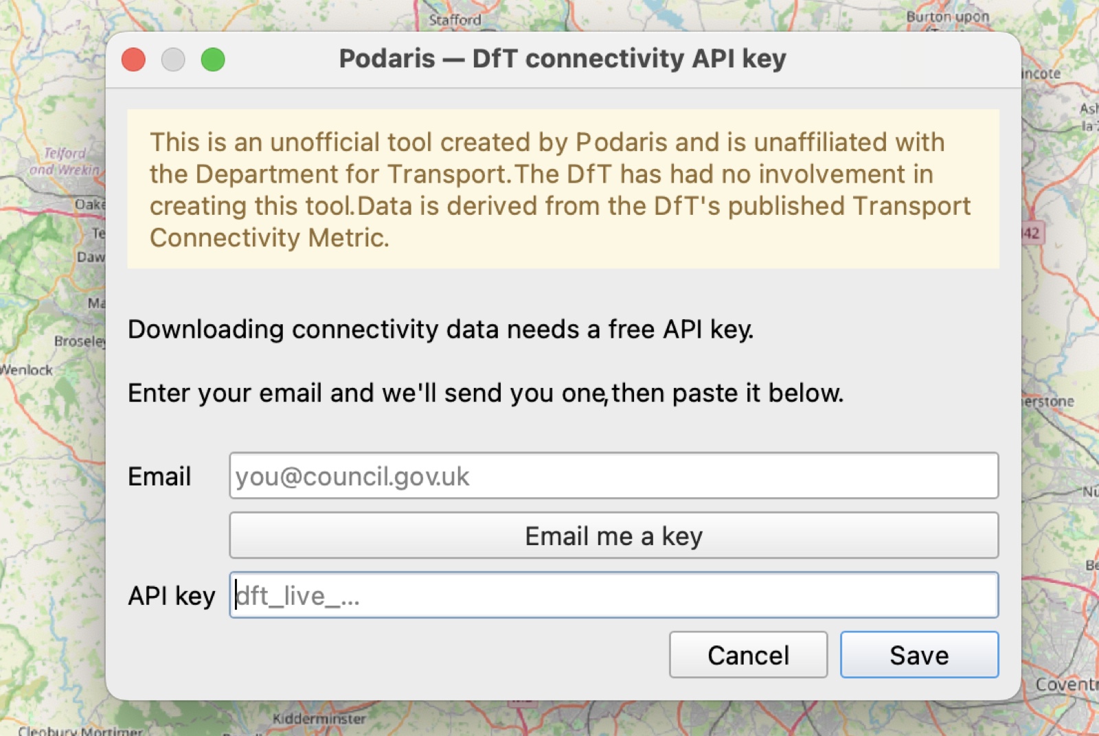 The 'Podaris — DfT connectivity API key' dialog: a highlighted note explaining this is an unofficial tool unaffiliated with the DfT, an email field, an 'Email me a key' button, and a field to paste the returned key