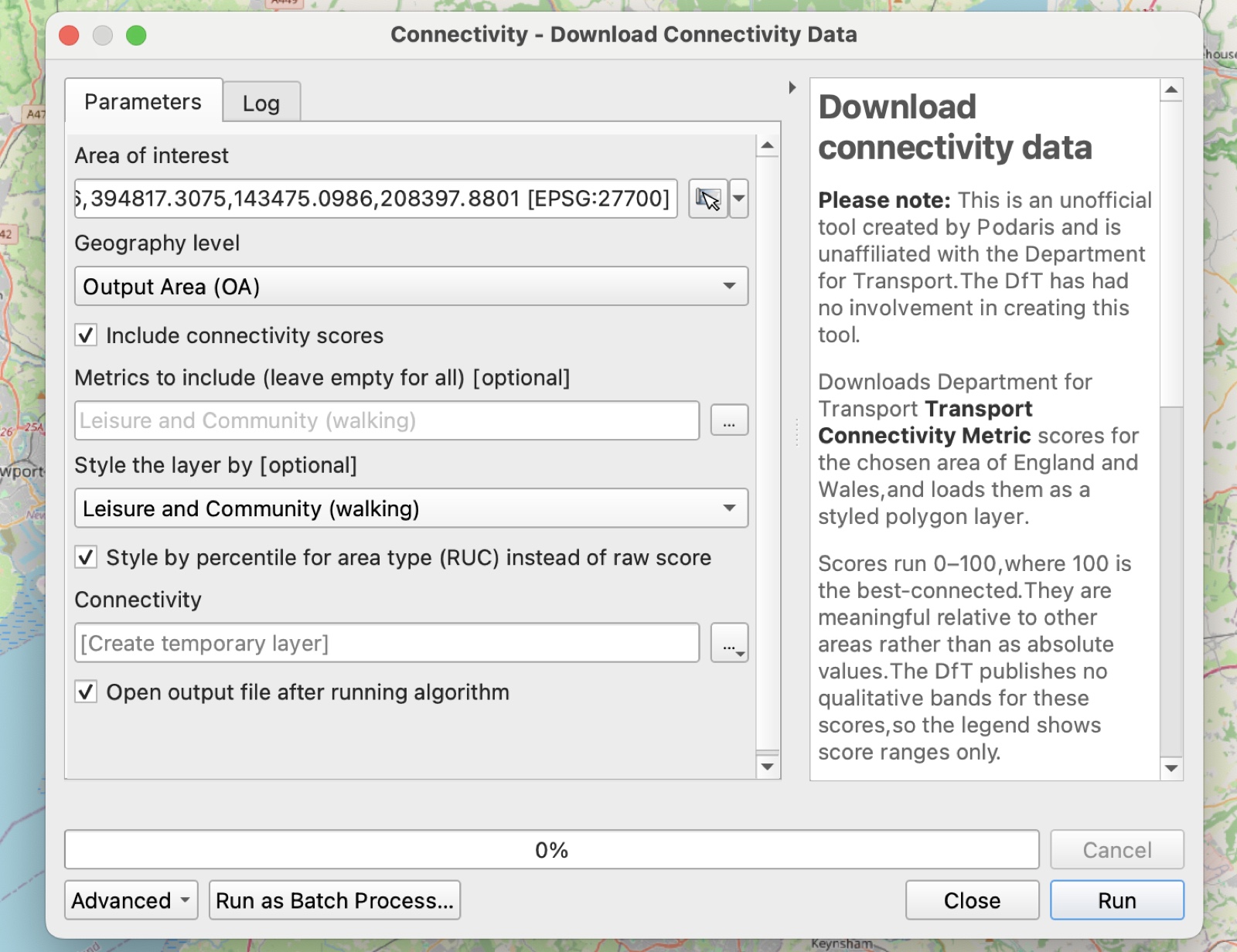 The Download connectivity data dialog (Parameters tab): an area of interest, Geography level set to Output Area, a metric subset (Leisure and Community, walking), 'Style by percentile for area type (RUC)' ticked, and the Podaris unofficial-tool note in the help panel.