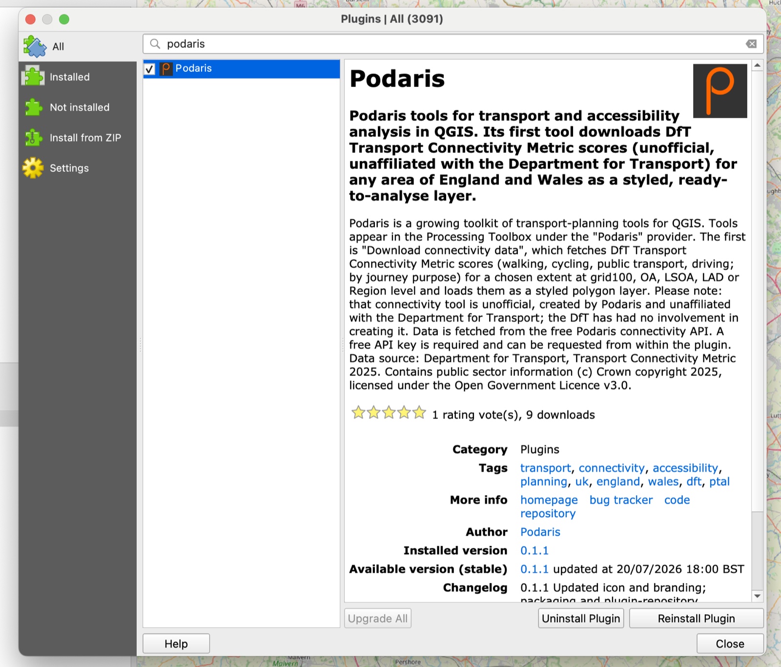 The QGIS Plugin Manager with 'podaris' searched, showing the Podaris plugin selected — its description, tags, author and version — ready to install
