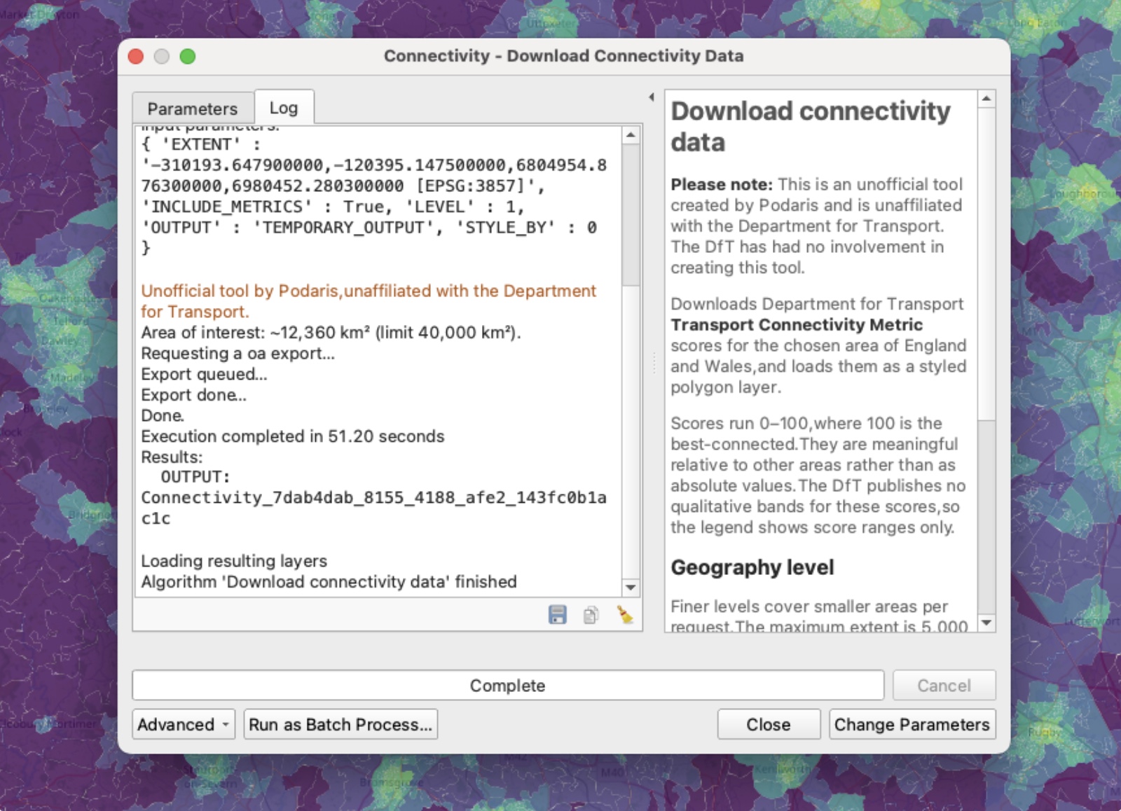 The Log tab of the Download connectivity data dialog, showing the measured area of 12,360 km against the 40,000 km limit, the export queueing and completing, and 'Execution completed in 51.20 seconds'