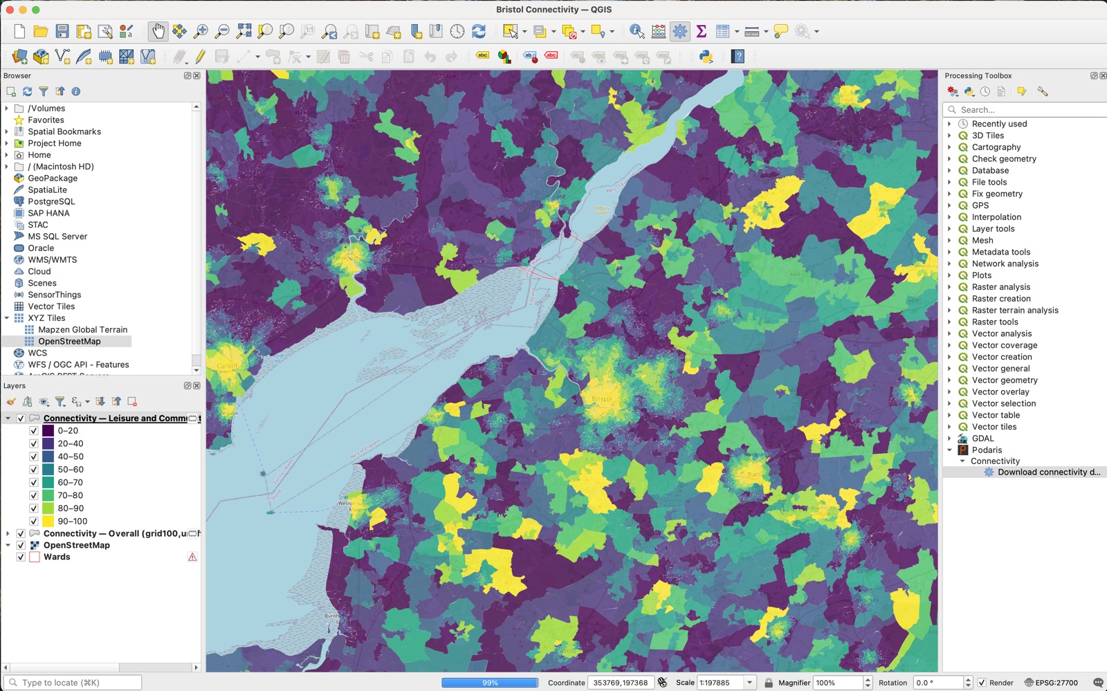 A completed Output Area connectivity layer in QGIS over the Bristol and Severn Estuary region, a viridis choropleth over OpenStreetMap styled by the Leisure and Community (walking) RUC percentile, with a graduated 0–100 legend and the Podaris provider in the Processing Toolbox