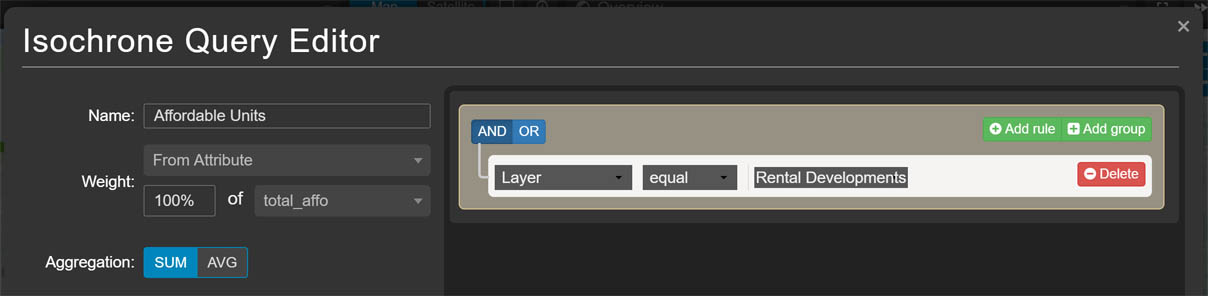 Isochrone query editor