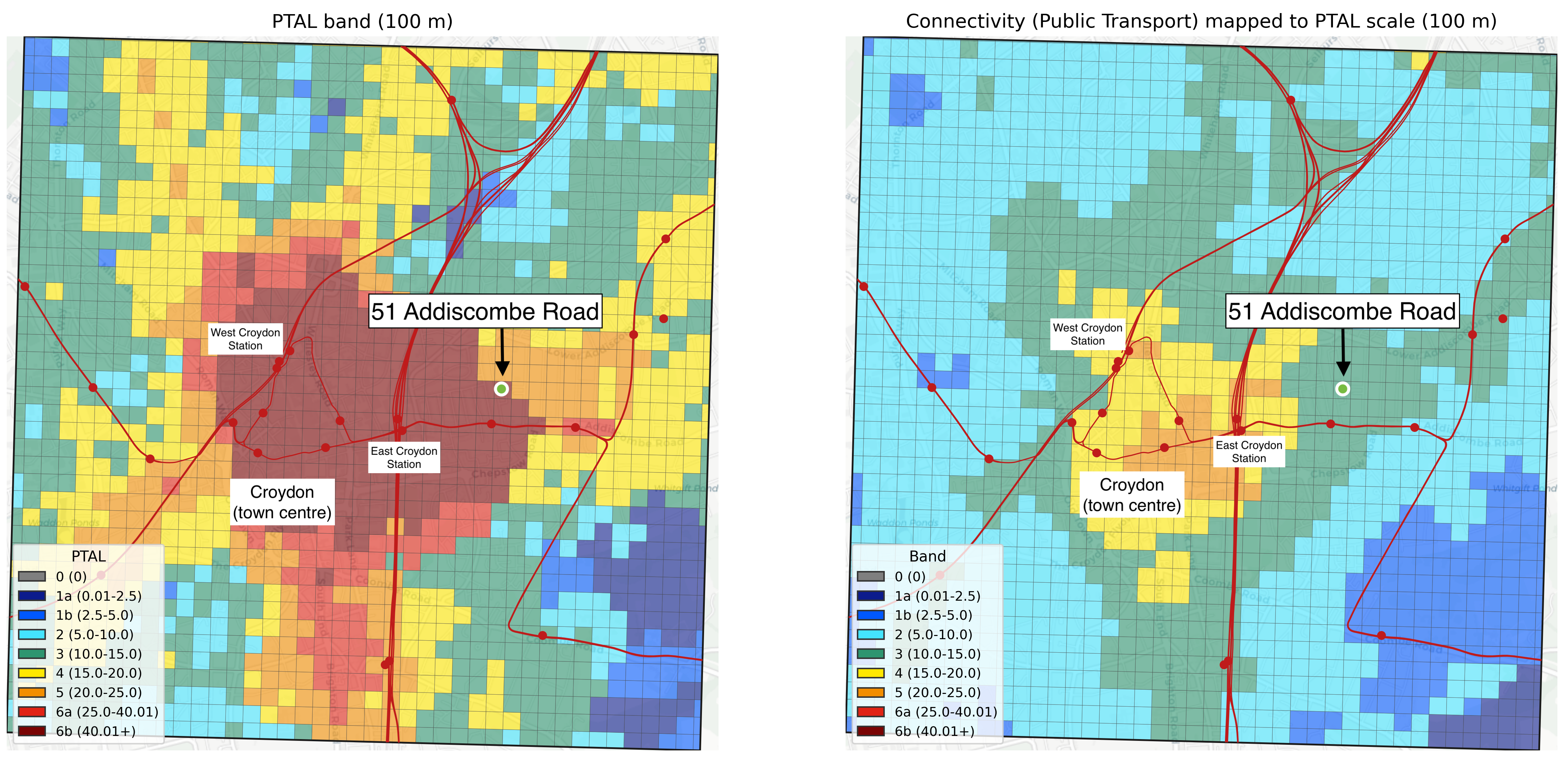 Detailed comparison of PTAL and DfT Connectivity scores in Croydon town centre, showing significant divergence near East Croydon Station