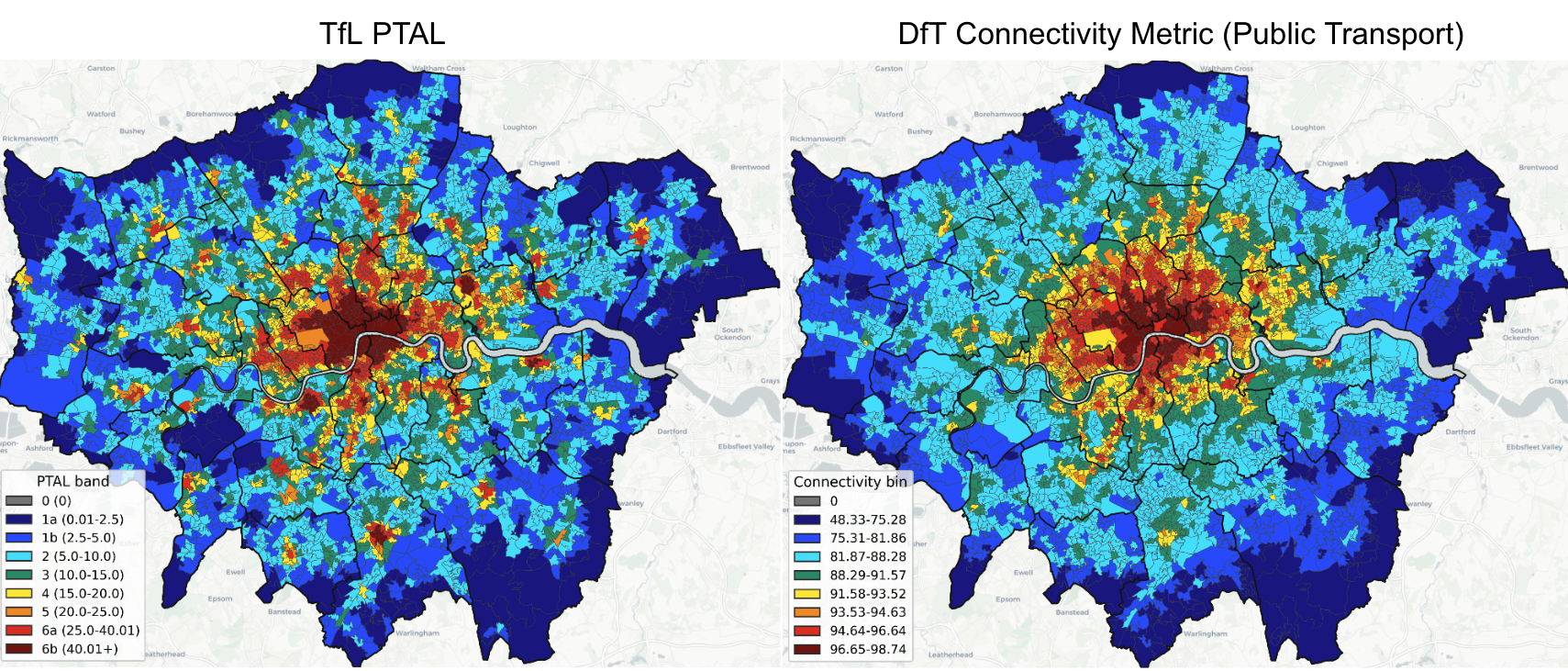 Side-by-side comparison of PTAL and DfT Connectivity Metric across London, both showing higher accessibility in central London