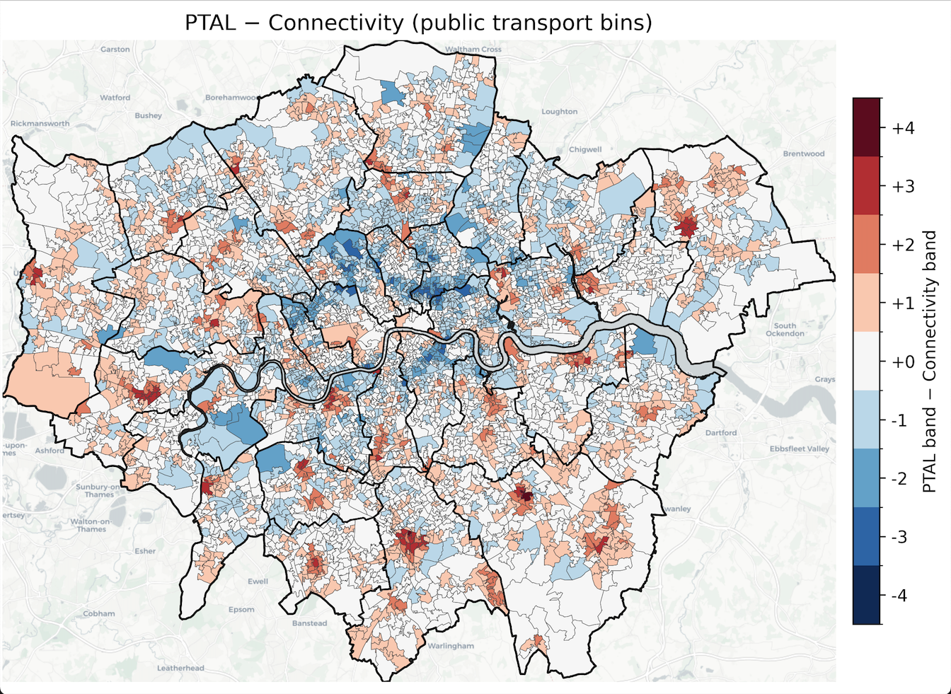 Difference map showing PTAL minus DfT Connectivity scores across London. Red areas indicate PTAL scores higher; blue areas indicate DfT scores higher
