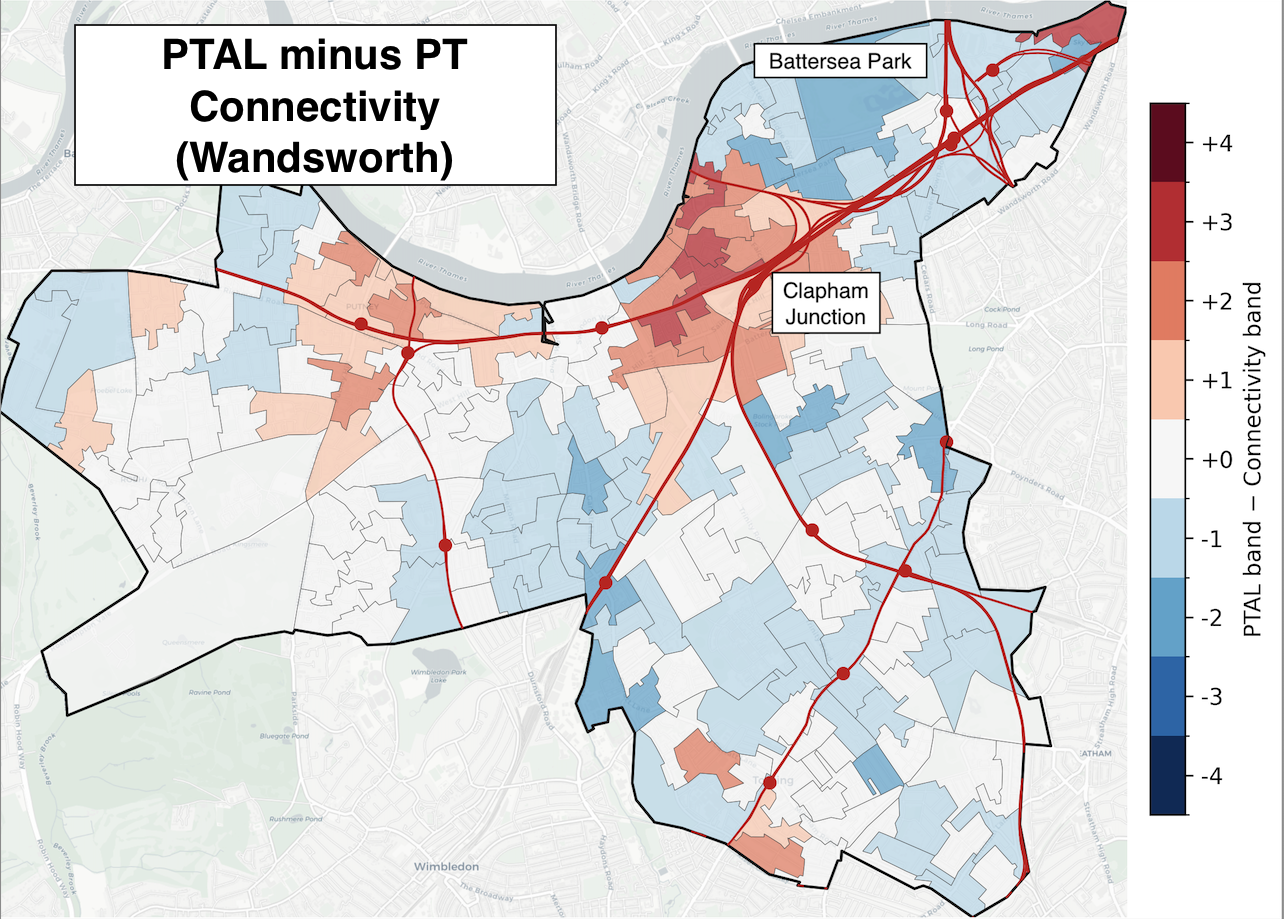 Comparison map of PTAL and DfT Connectivity scores in Wandsworth, showing divergent patterns around Clapham Junction and Battersea