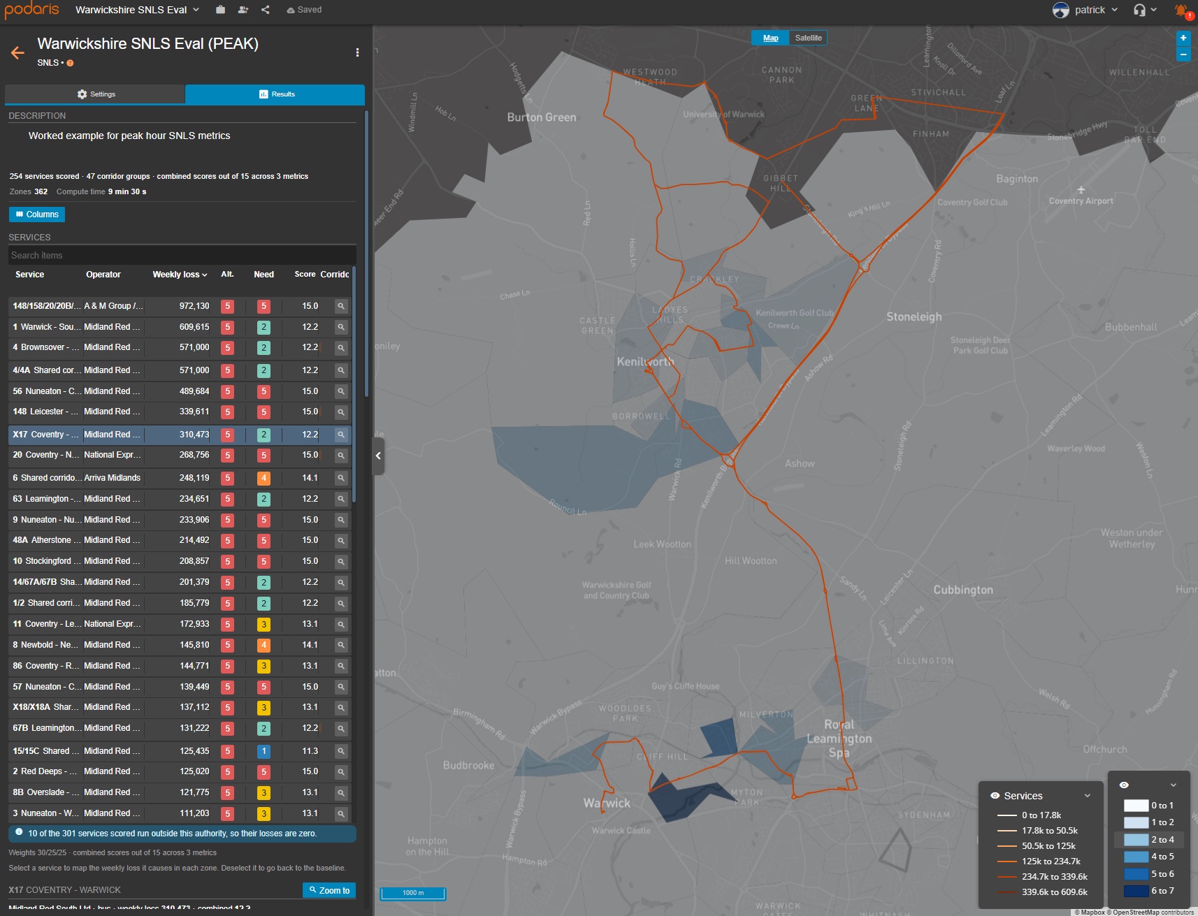 Peak-focused SNLS analysis with the X17 selected, showing the route and neighbourhood accessibility losses around Kenilworth and Warwick