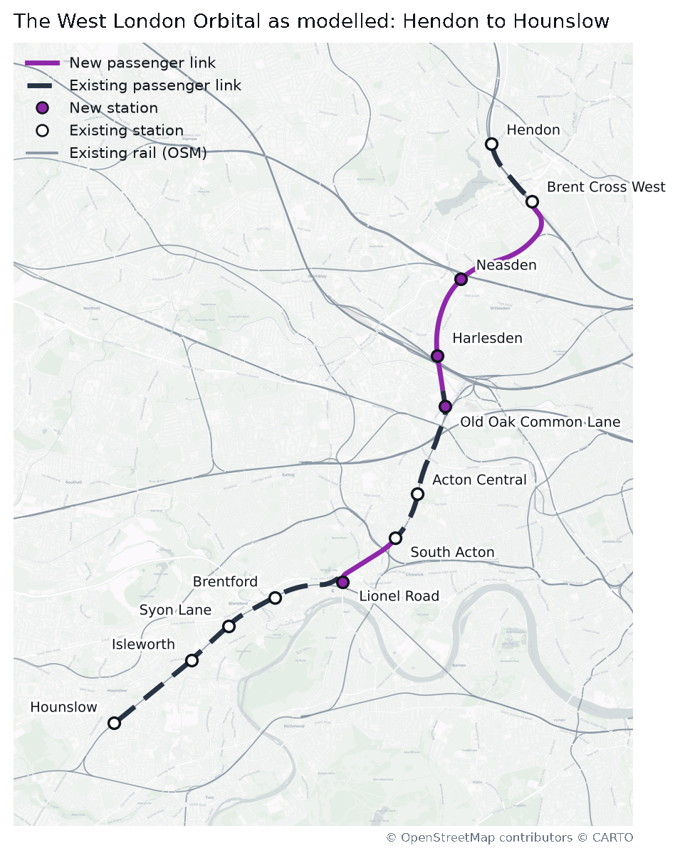 The West London Orbital alignment from Hendon to Hounslow, with four new stations