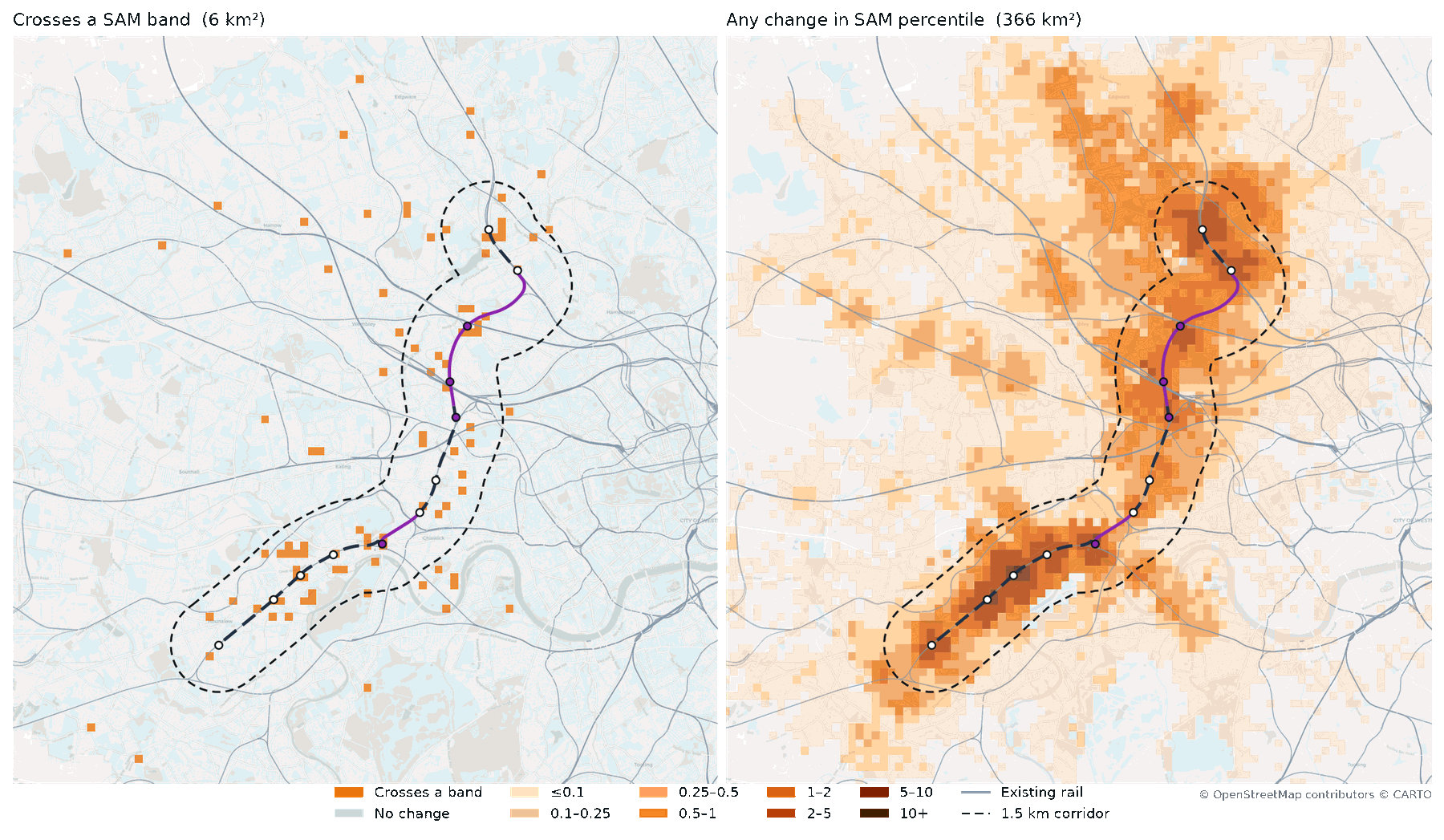 SAM band changes beside SAM percentile changes across London, showing how much wider the percentile effect is